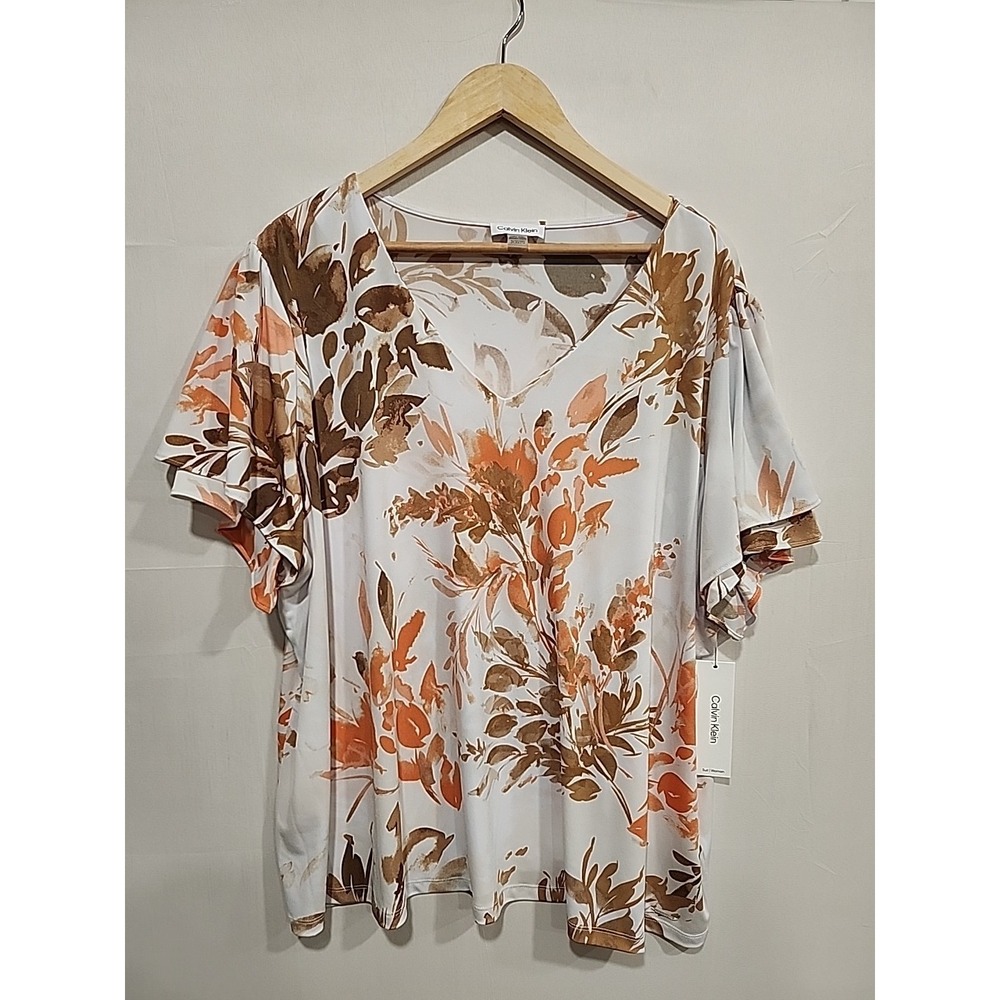 Calvin Klein NWT Blouse Womens 3X White, Shirt Sleeve Floral Print, V-neck